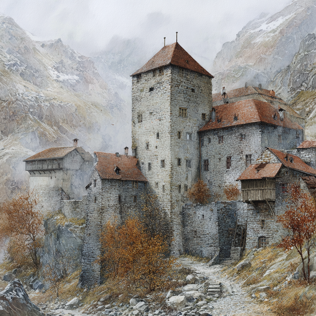 Mittelalterliche Burg In Herbstlandschaft Mit Nebelbergen | Scloesser und Burgen | Architektur