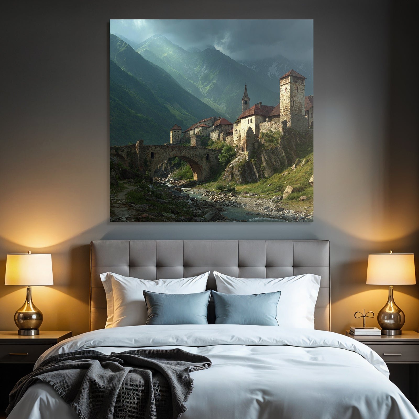 Medieval village and castle with bridge and mountains