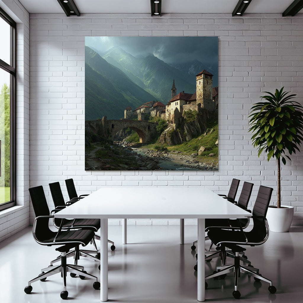 Medieval village and castle with bridge and mountains