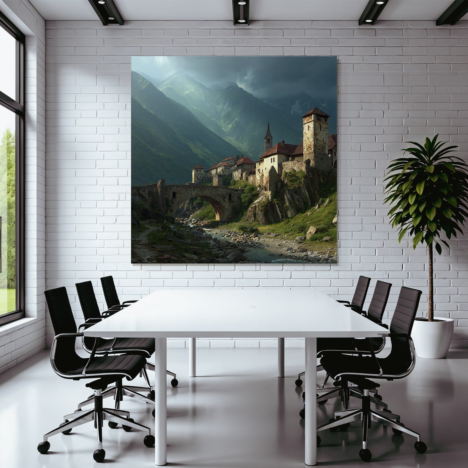 Medieval village and castle with bridge and mountains