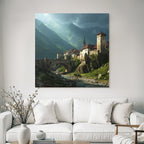 Medieval village and castle with bridge and mountains