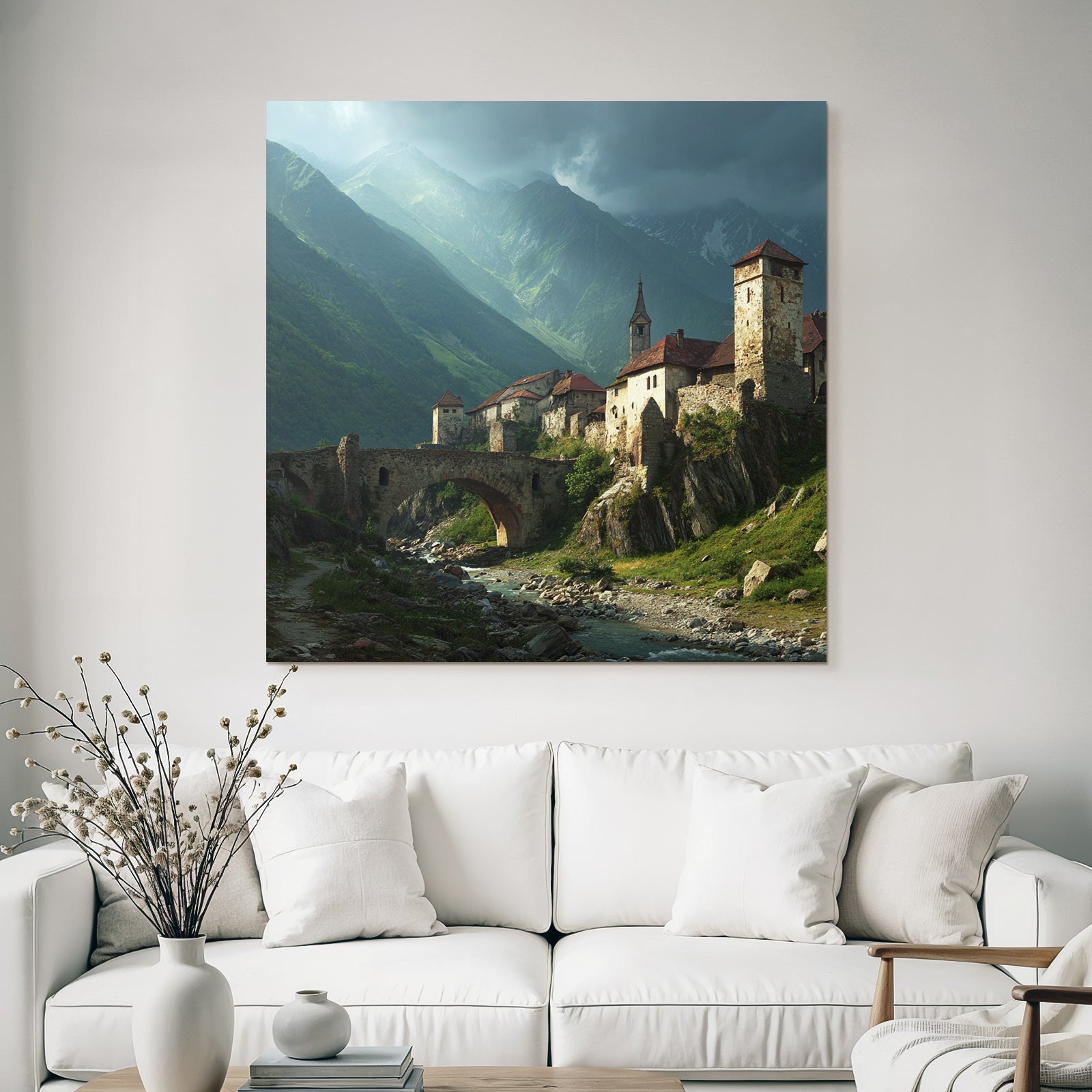Medieval village and castle with bridge and mountains