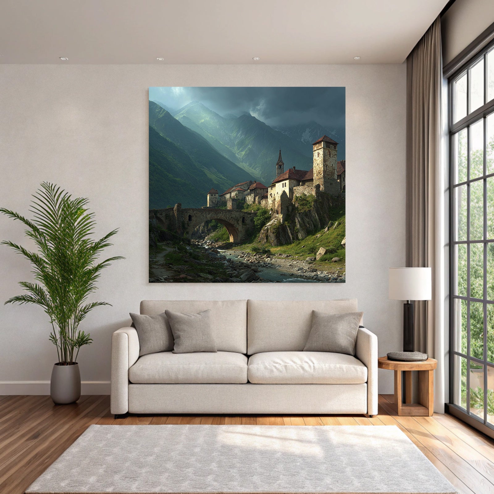 Medieval village and castle with bridge and mountains