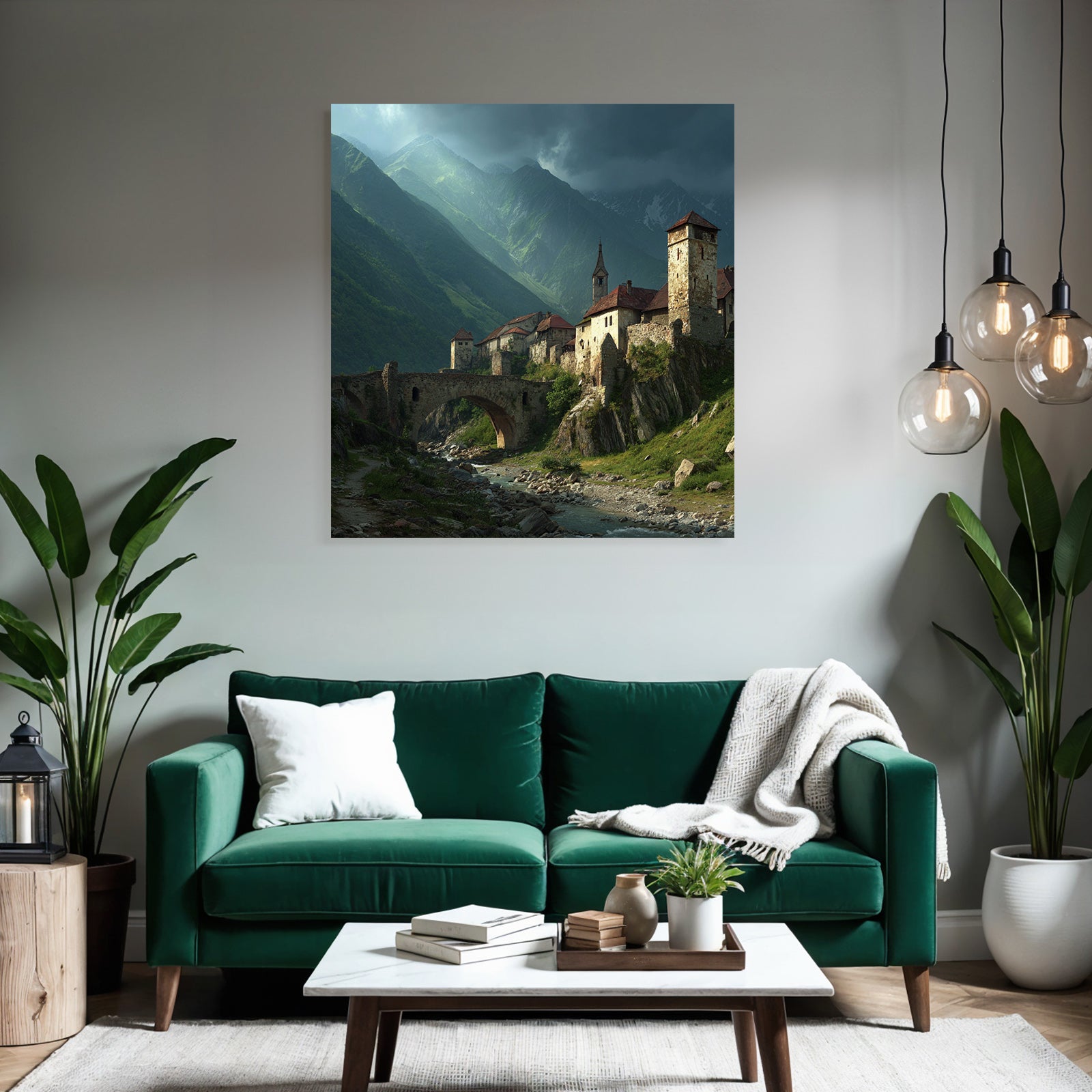Medieval village and castle with bridge and mountains