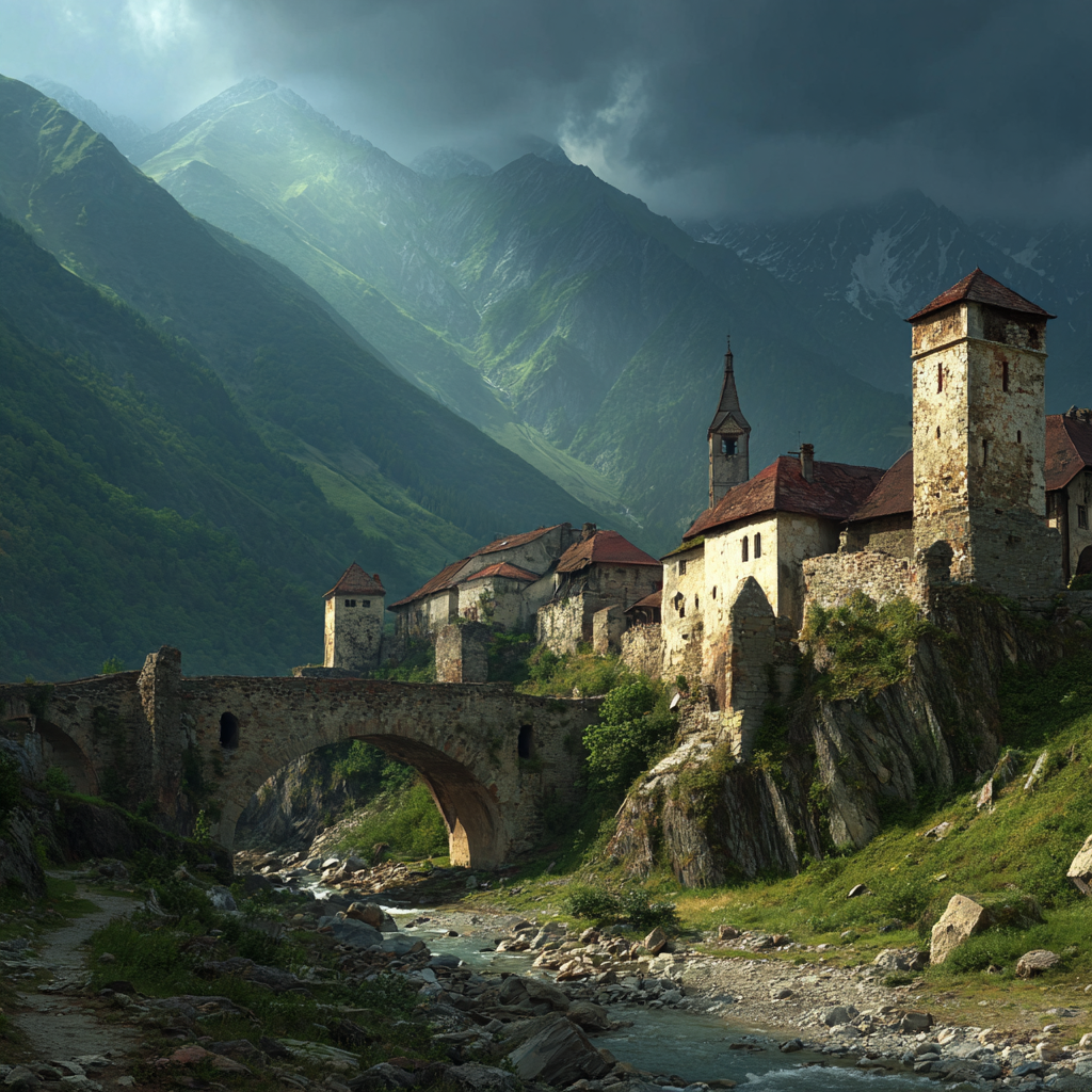 Mittelalterliches Dorf Und Burg Mit Brücke Und Bergen | Scloesser und Burgen | Architektur