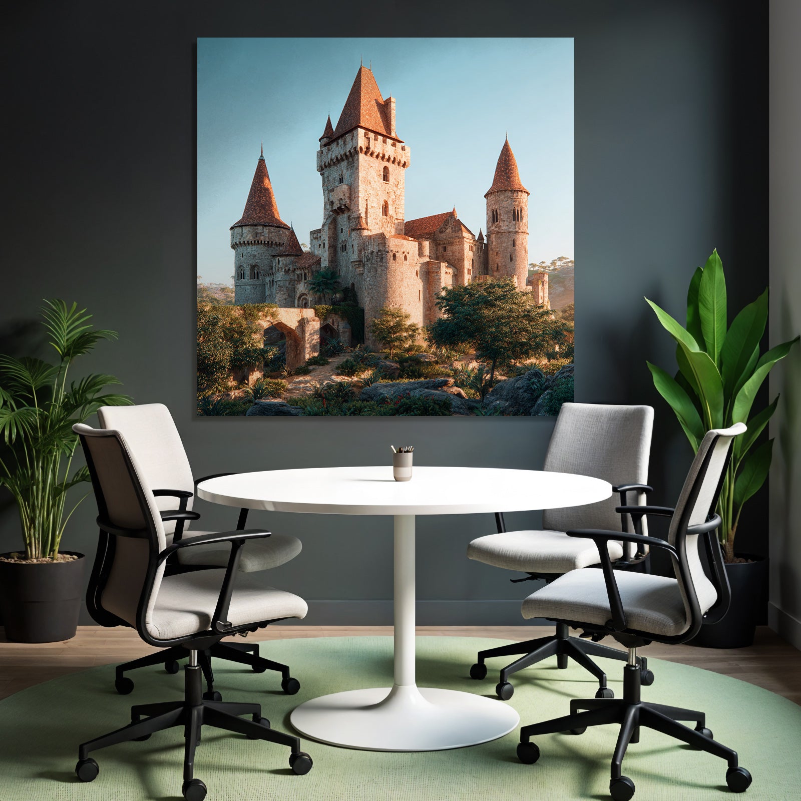 Medieval castle with towers and green surroundings