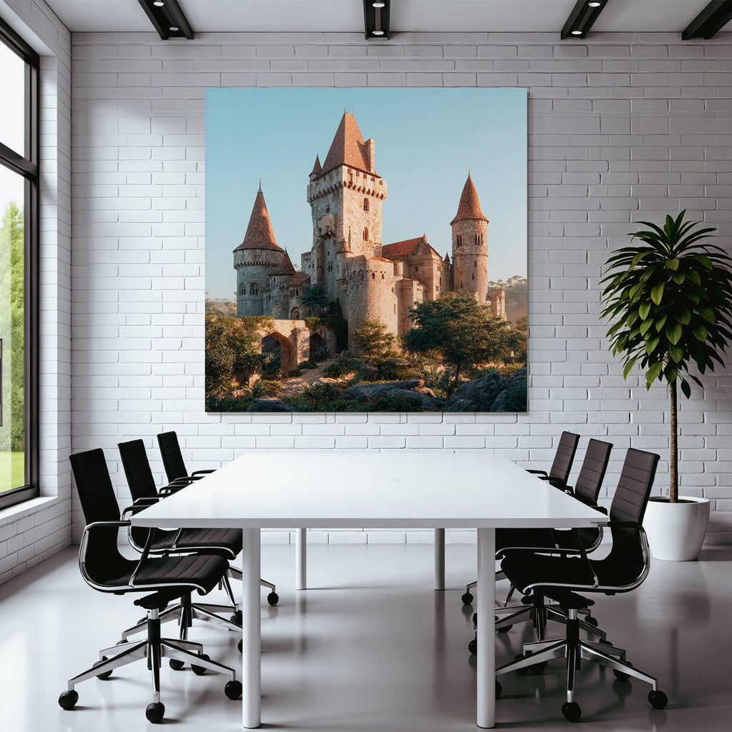 Medieval castle with towers and green surroundings