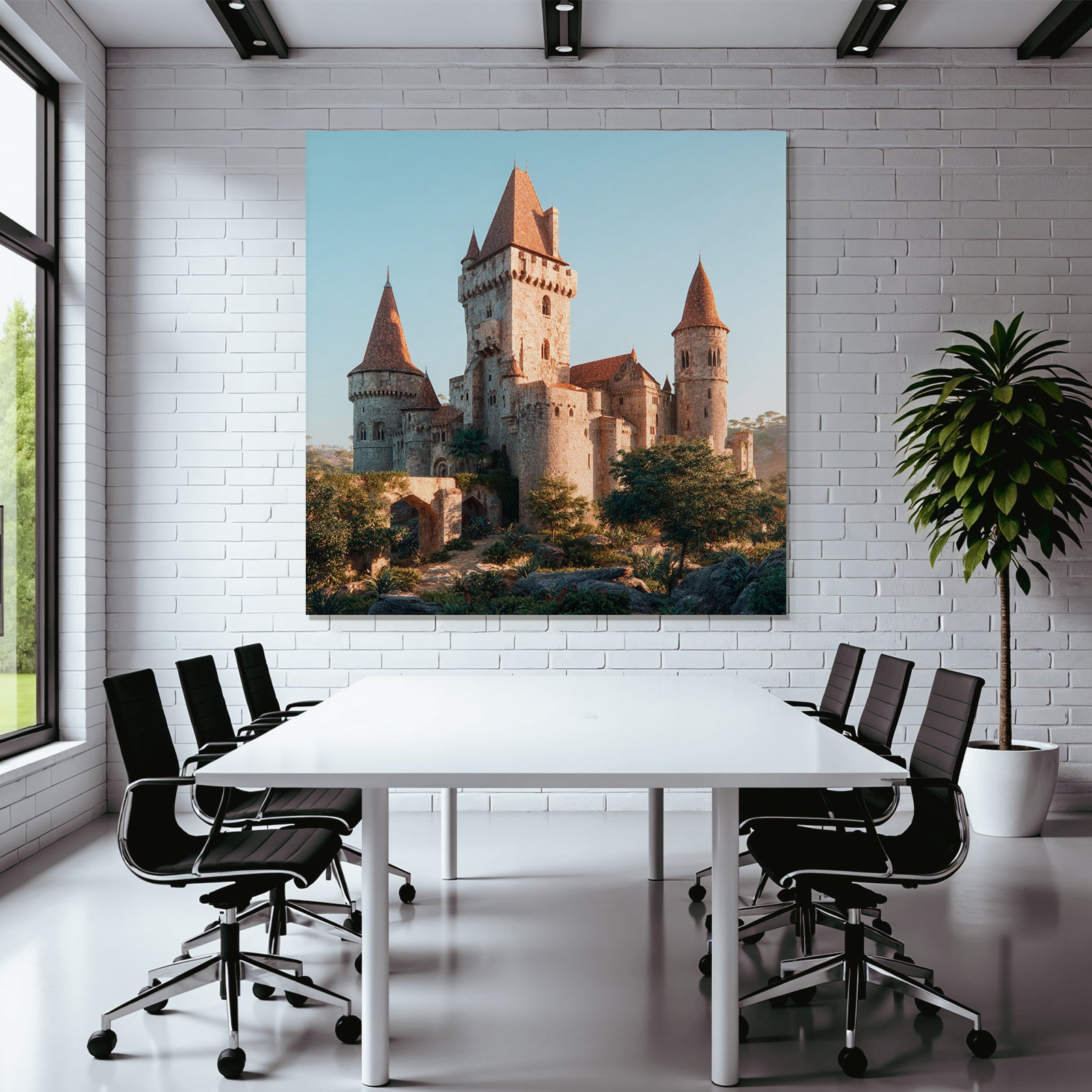 Medieval castle with towers and green surroundings