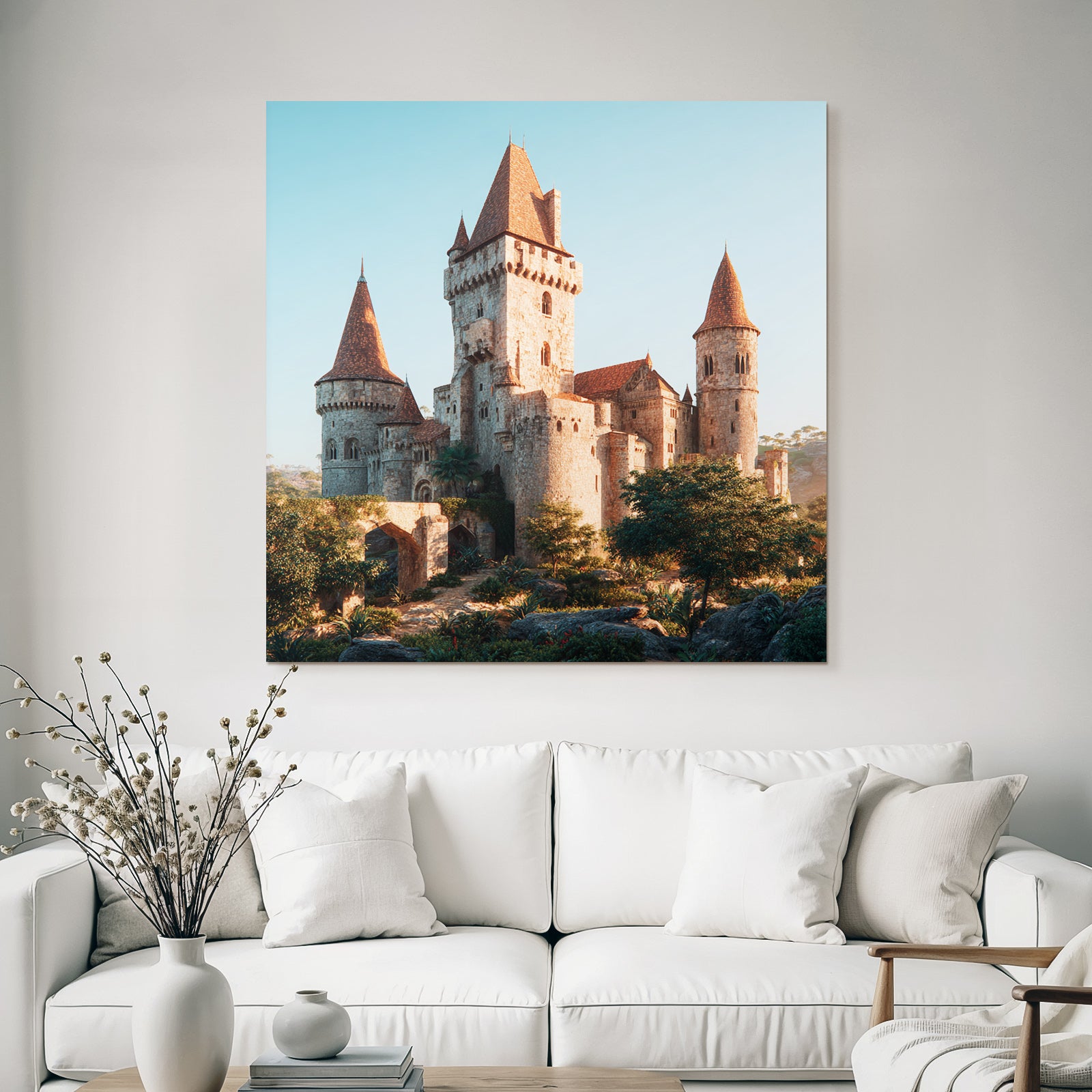 Medieval castle with towers and green surroundings