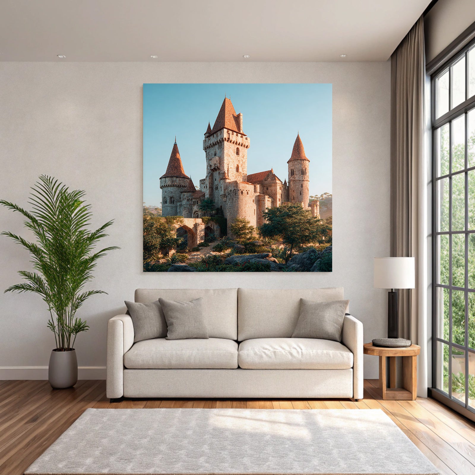 Medieval castle with towers and green surroundings