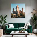 Medieval castle with towers and green surroundings