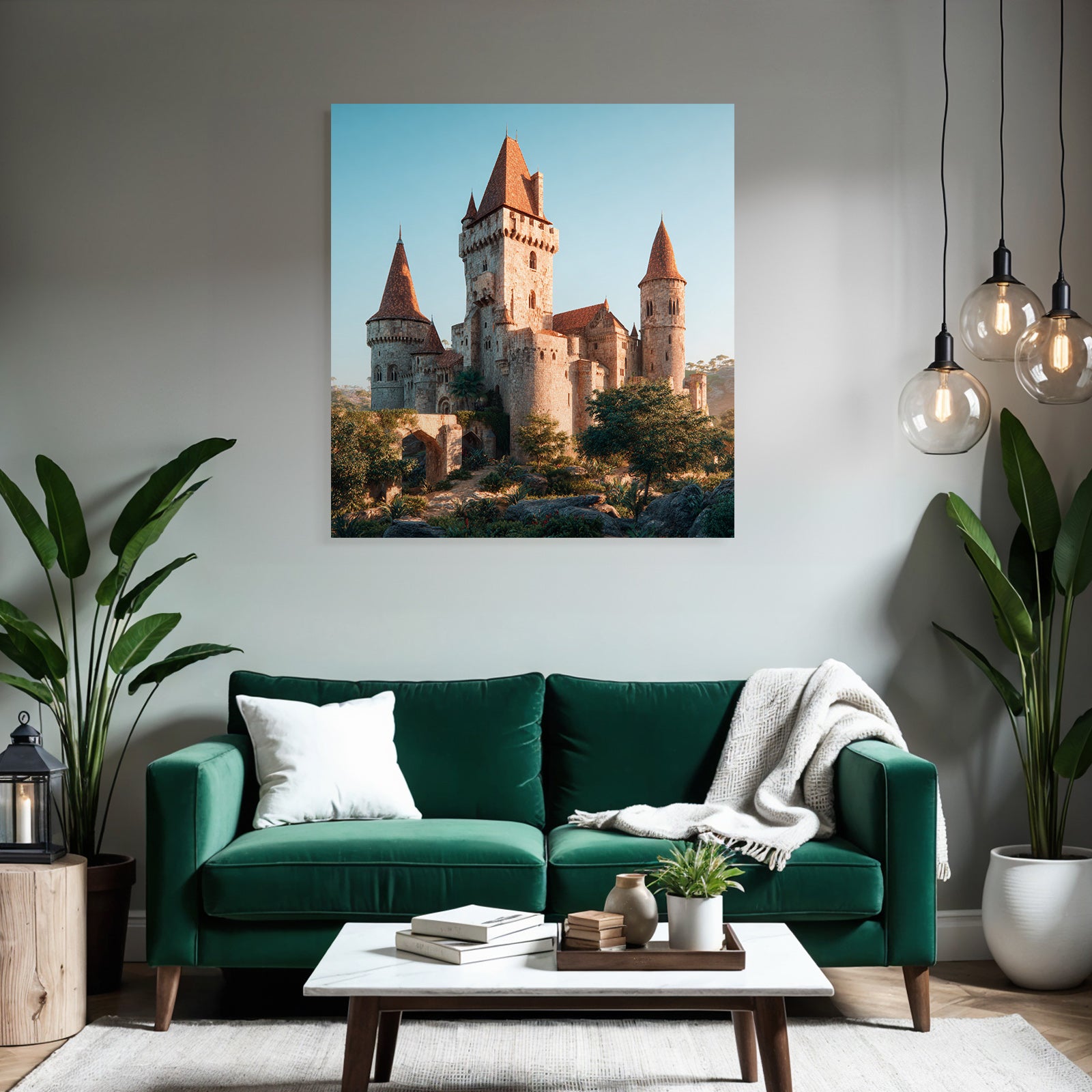 Medieval castle with towers and green surroundings