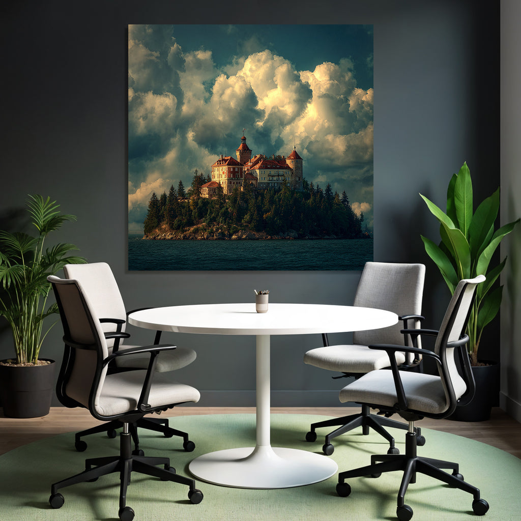 Picturesqü Castle on an island surrounded by water and trees