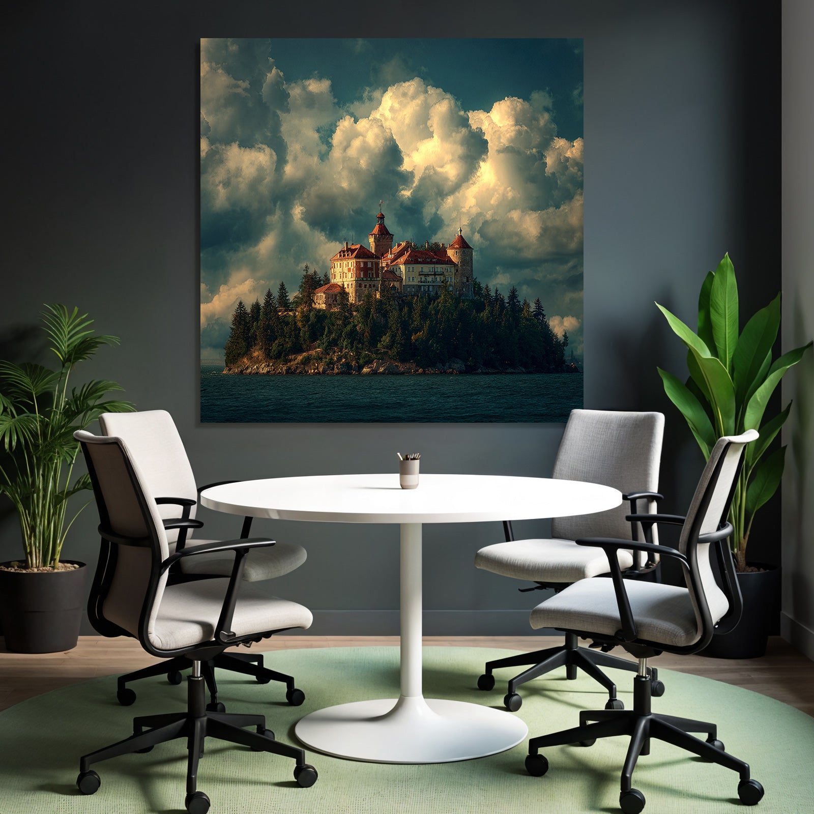 Picturesqü Castle on an island surrounded by water and trees