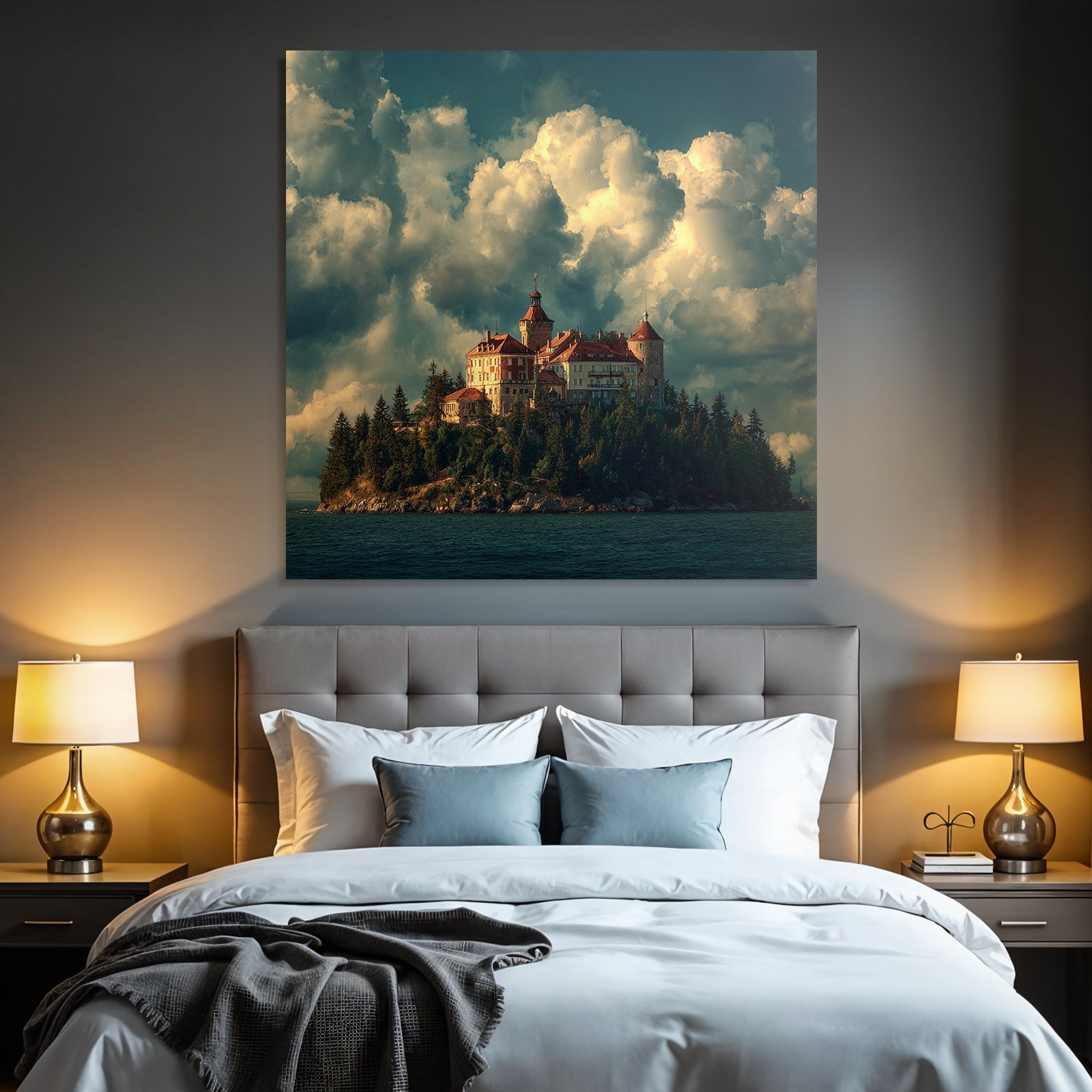 Picturesqü Castle on an island surrounded by water and trees