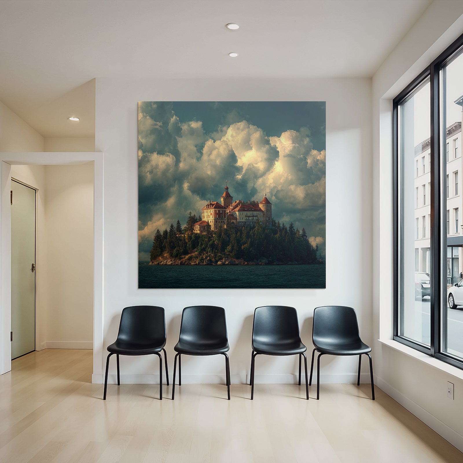 Picturesqü Castle on an island surrounded by water and trees