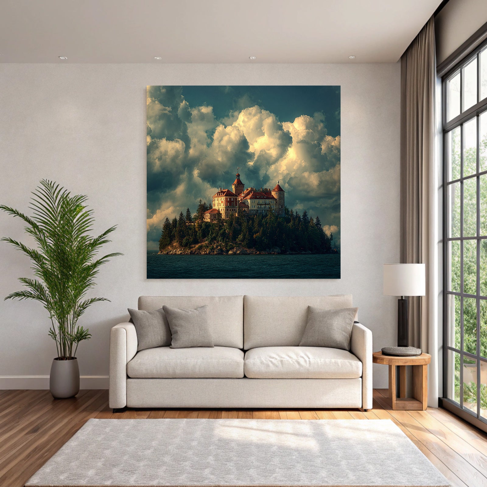 Picturesqü Castle on an island surrounded by water and trees