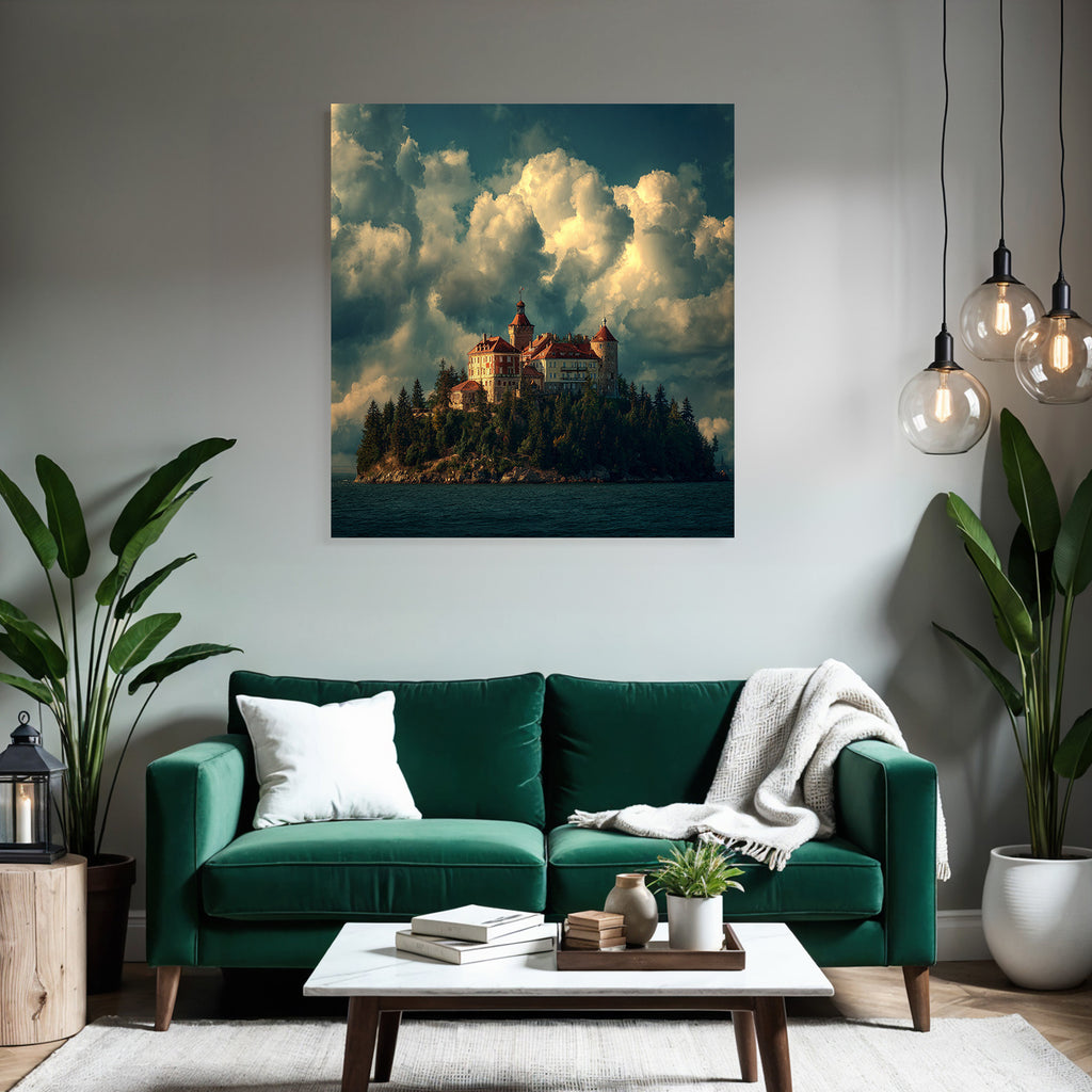 Picturesqü Castle on an island surrounded by water and trees