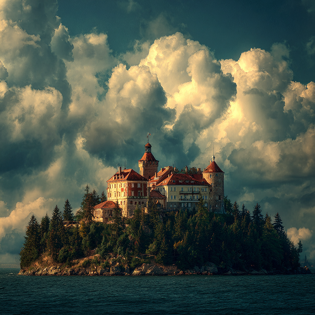 Picturesqü Schloss Auf Einem Insel Umgeben Von Wasser Und Bäumen | Scloesser und Burgen | Architektur