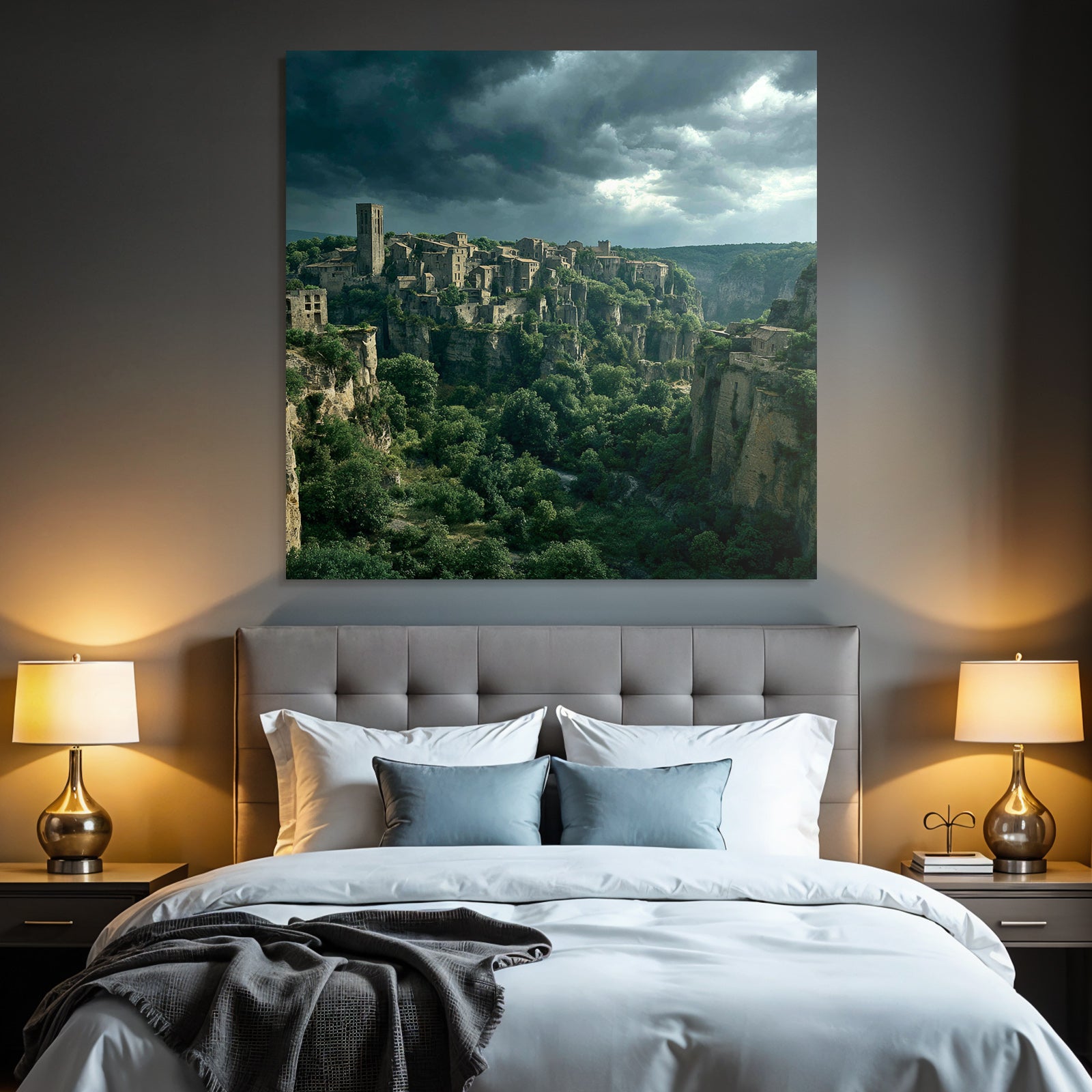 Ruined Medieval Village on Rocks Surrounded by Green Fields