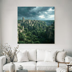 Ruined Medieval Village on Rocks Surrounded by Green Fields