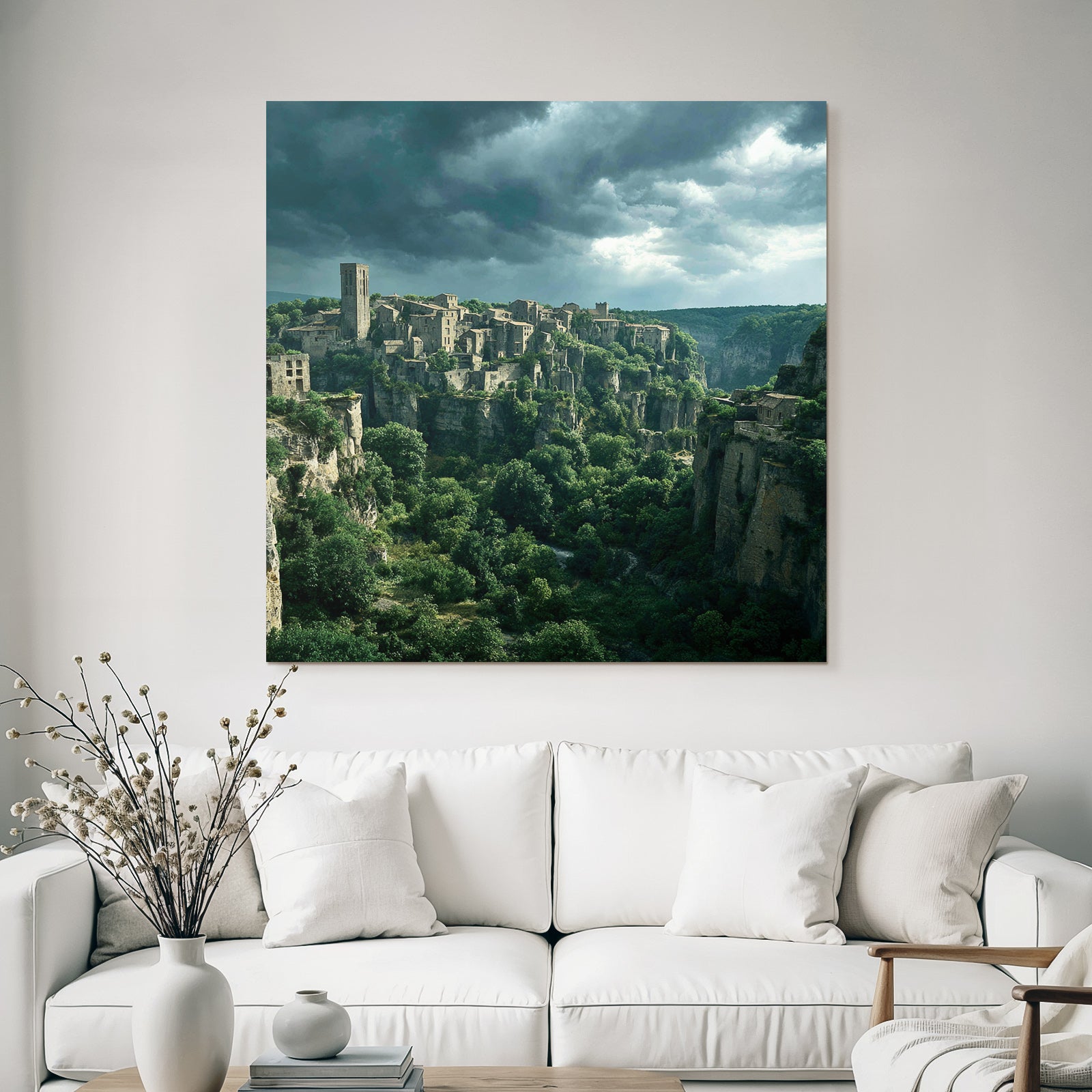 Ruined Medieval Village on Rocks Surrounded by Green Fields