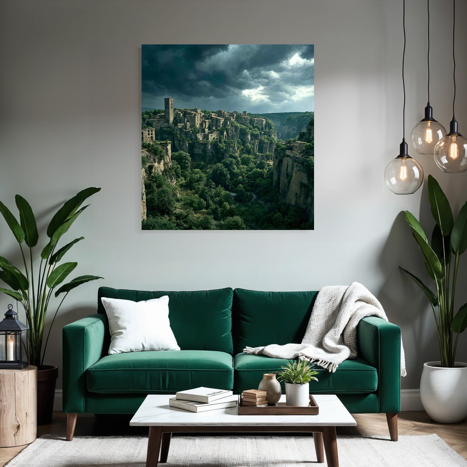 Ruined Medieval Village on Rocks Surrounded by Green Fields