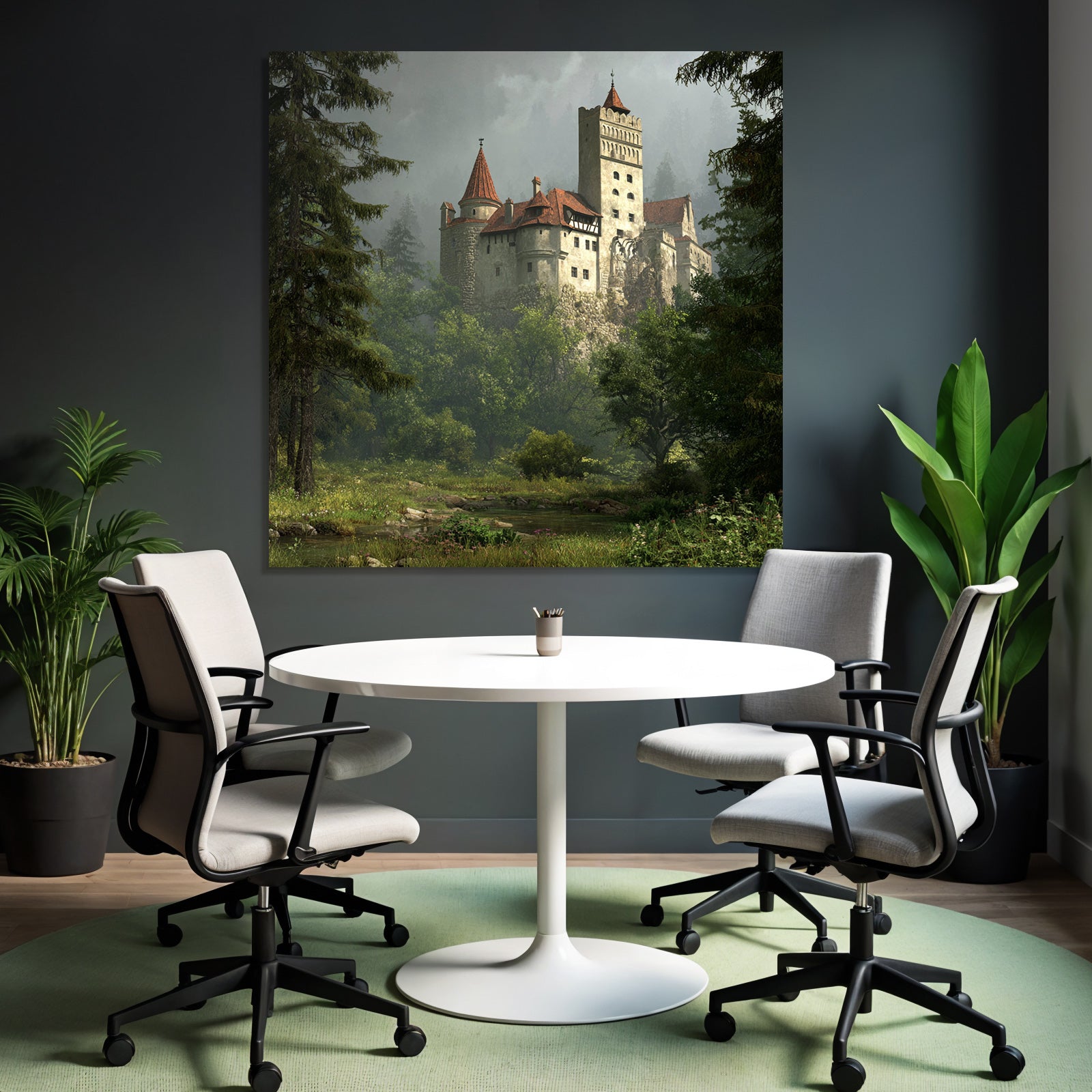 Castle in the Green Landscape with Fog and Trees