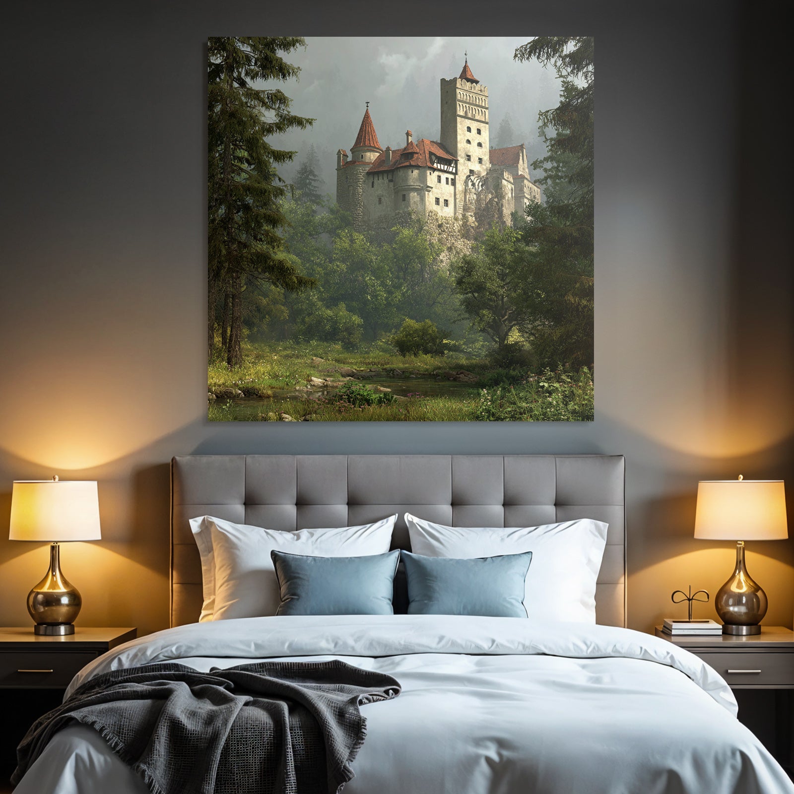 Castle in the Green Landscape with Fog and Trees