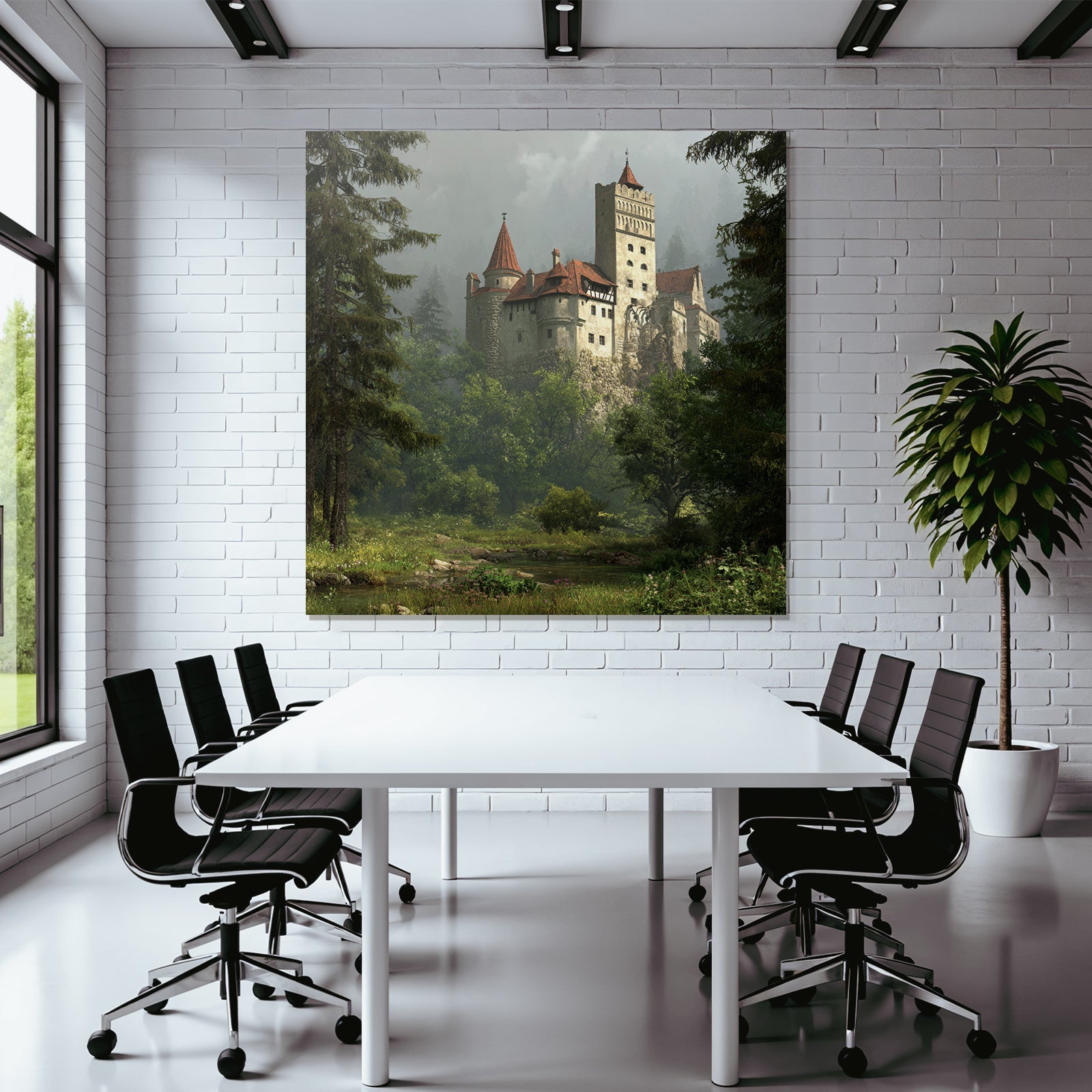 Castle in the Green Landscape with Fog and Trees