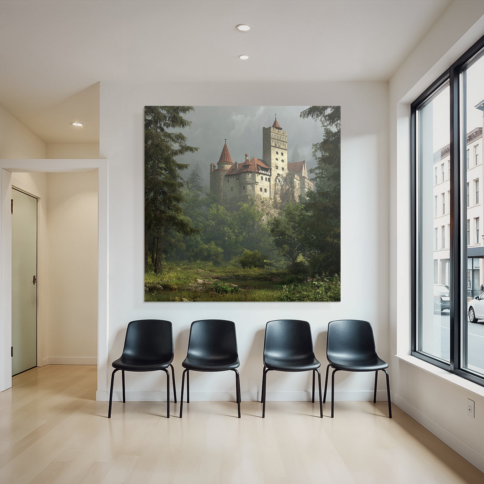 Castle in the Green Landscape with Fog and Trees