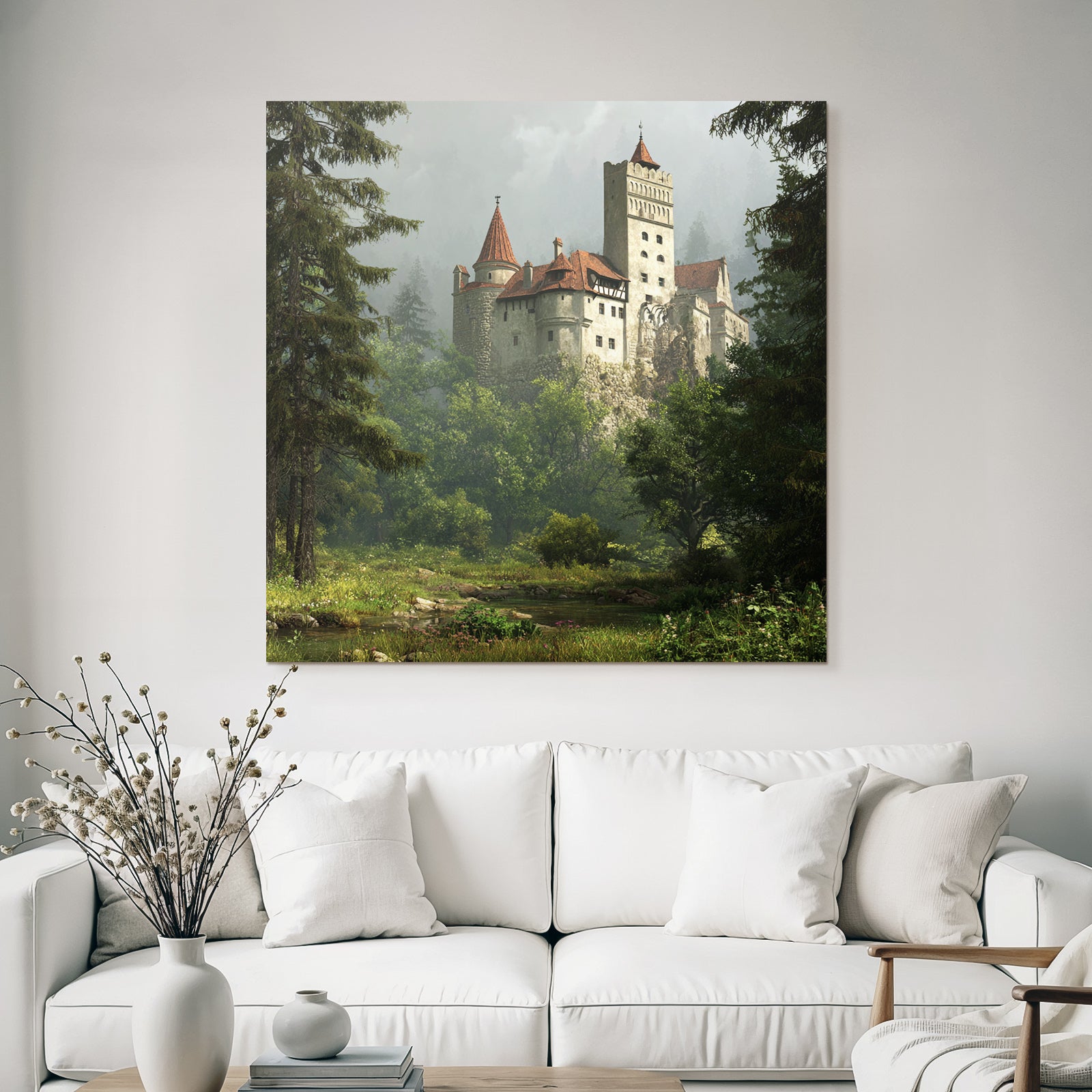 Castle in the Green Landscape with Fog and Trees