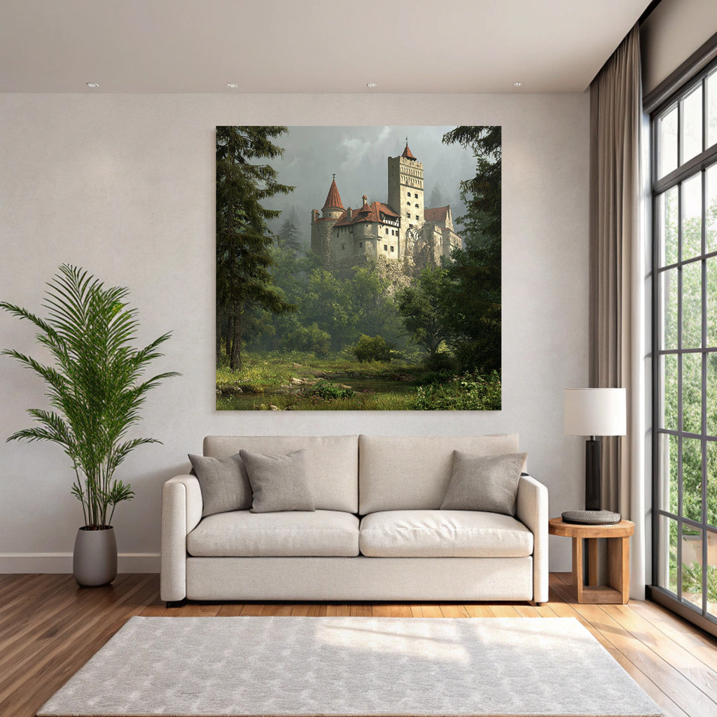 Castle in the Green Landscape with Fog and Trees