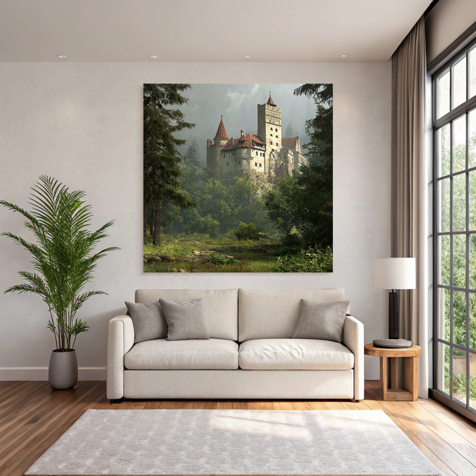 Castle in the Green Landscape with Fog and Trees