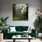 Castle in the Green Landscape with Fog and Trees