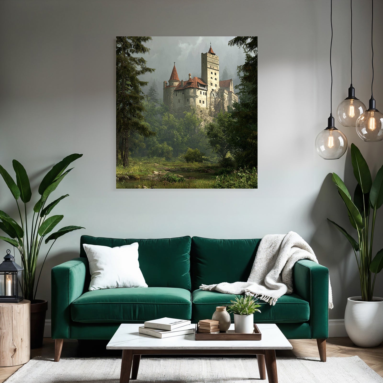 Castle in the Green Landscape with Fog and Trees