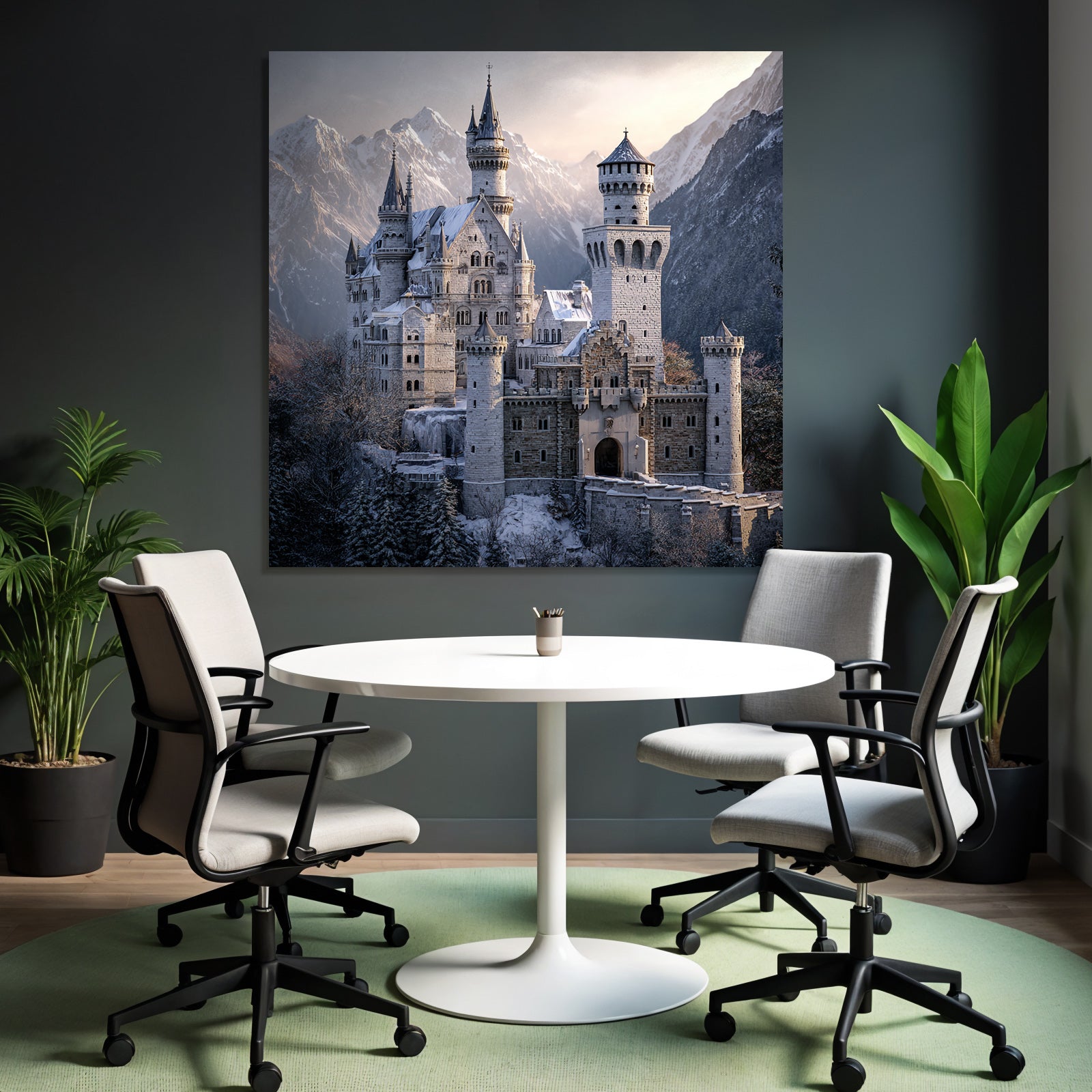 Castle in the snow surrounded by mountains and trees