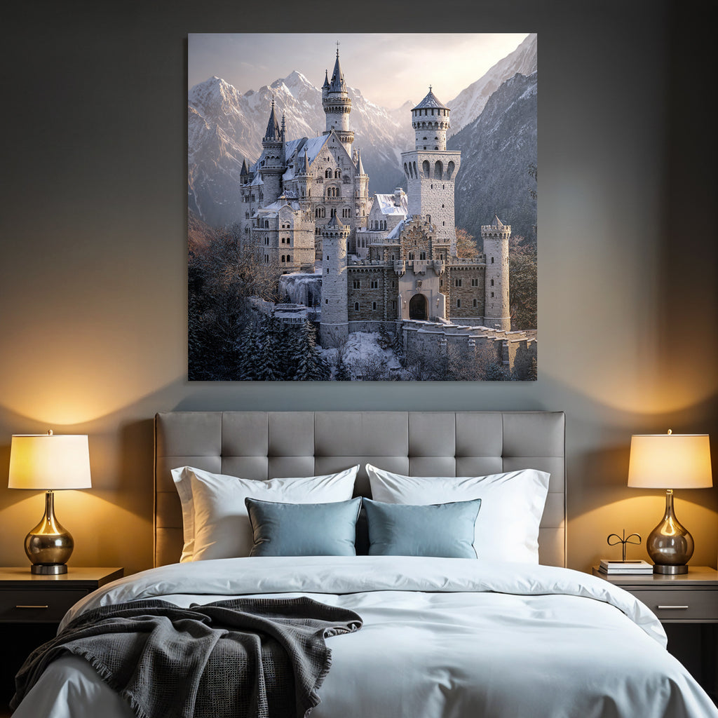 Castle in the snow surrounded by mountains and trees