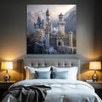 Castle in the snow surrounded by mountains and trees