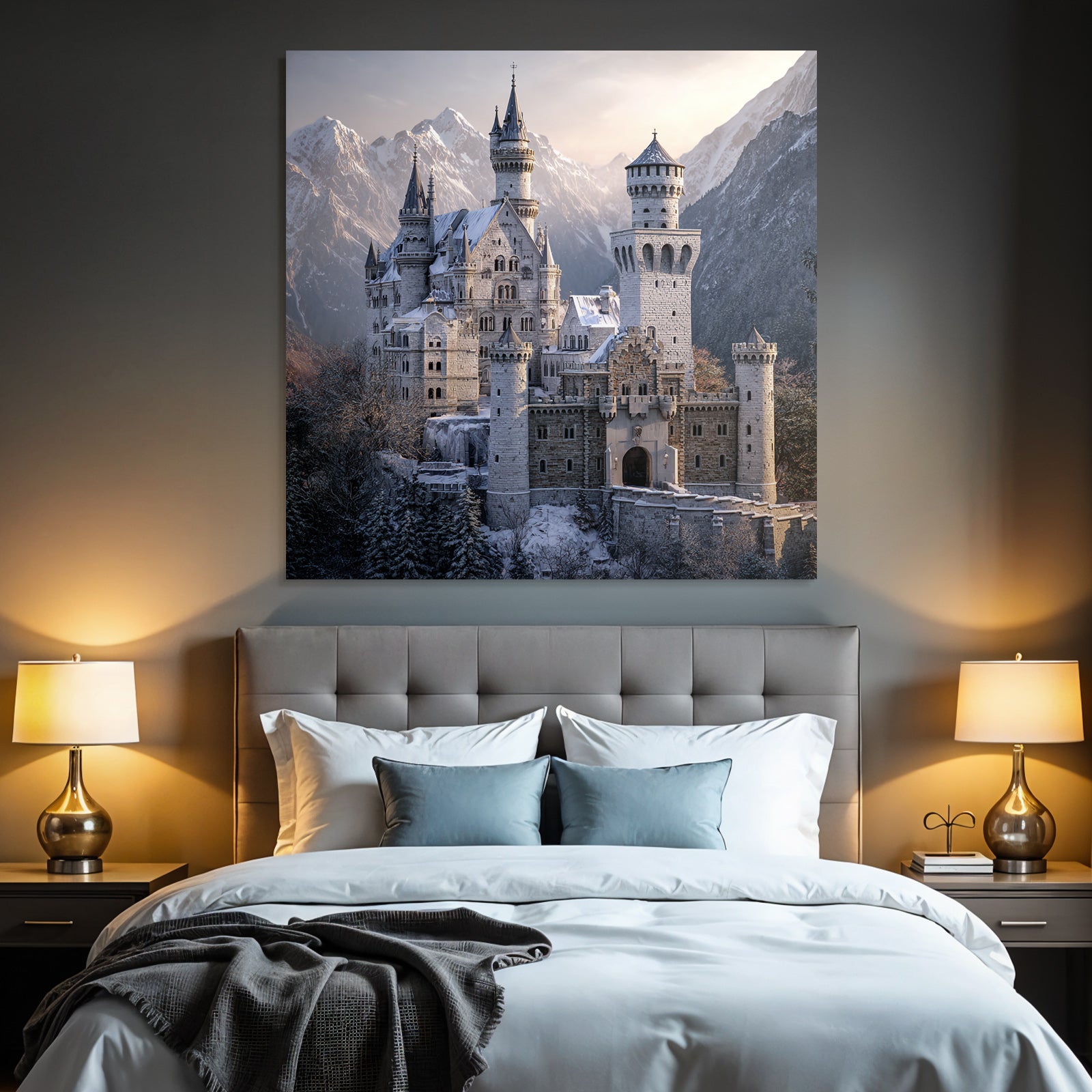Castle in the snow surrounded by mountains and trees