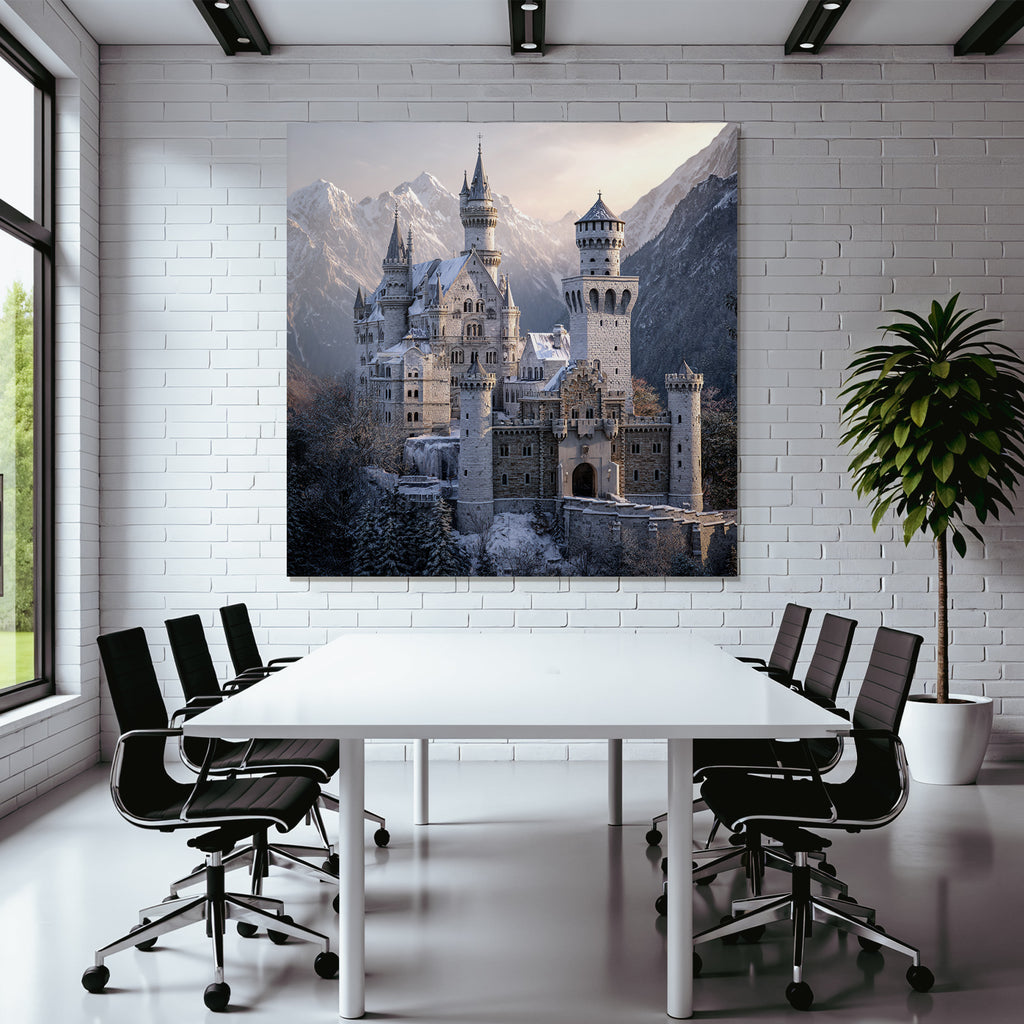 Castle in the snow surrounded by mountains and trees