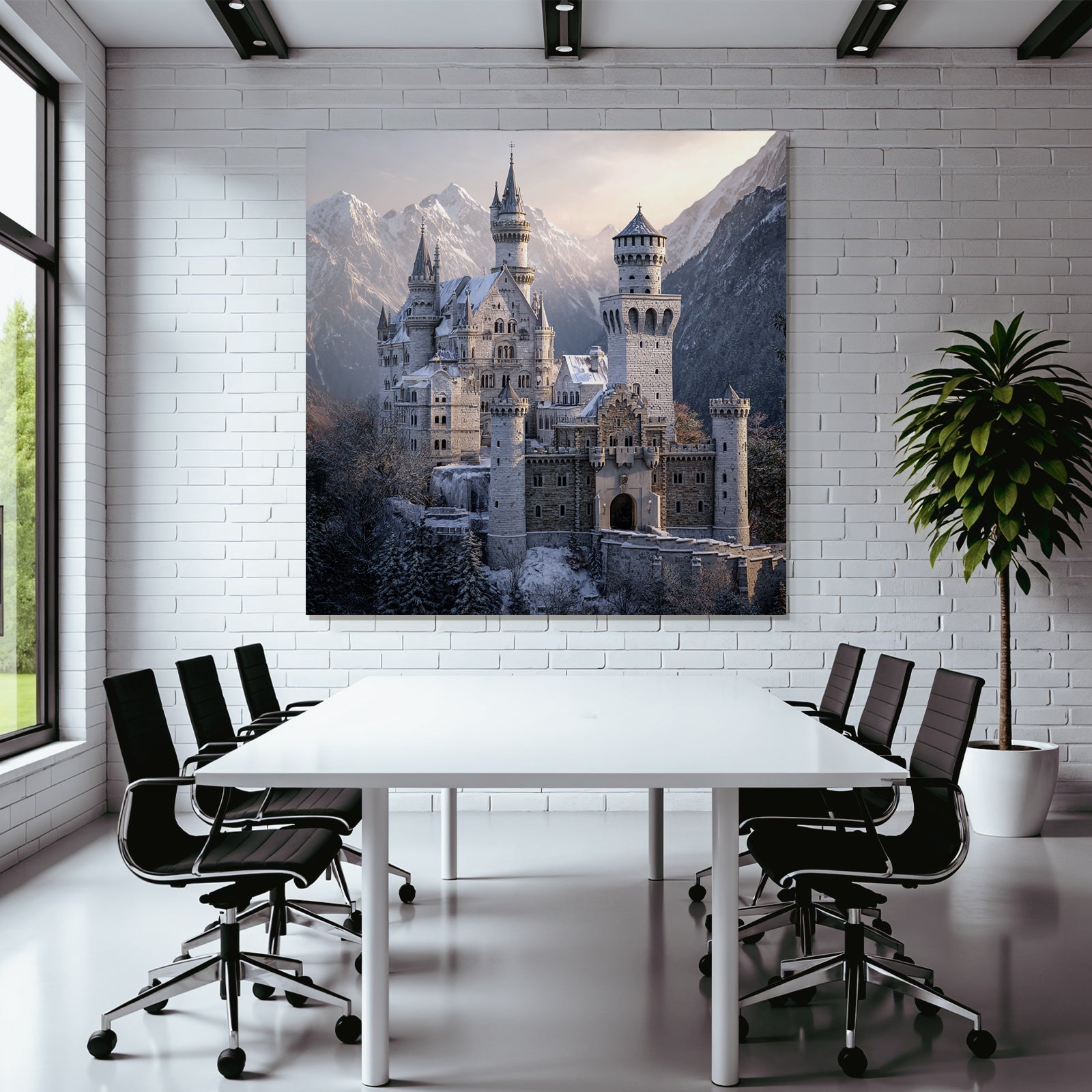Castle in the snow surrounded by mountains and trees