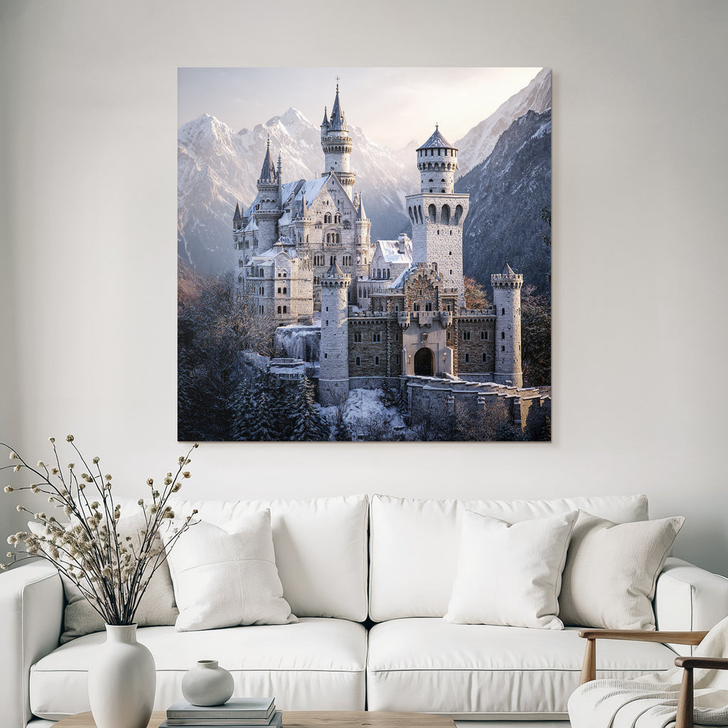 Castle in the snow surrounded by mountains and trees