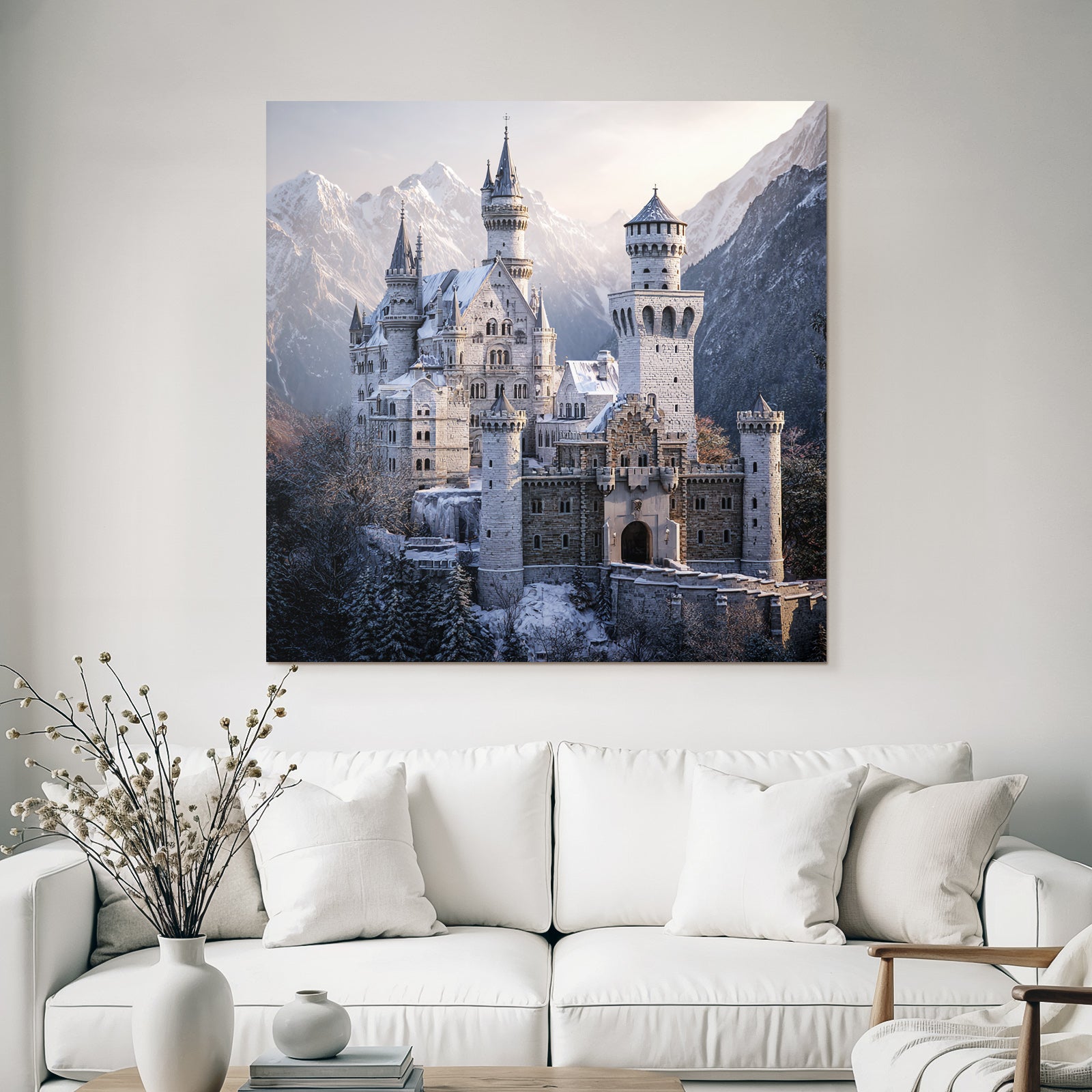 Castle in the snow surrounded by mountains and trees