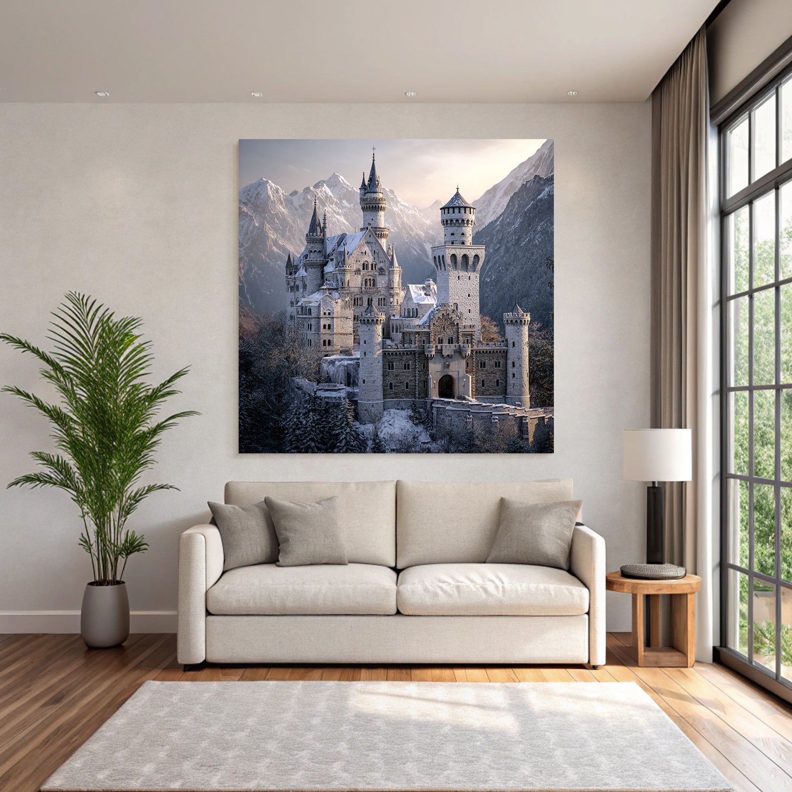 Castle in the snow surrounded by mountains and trees