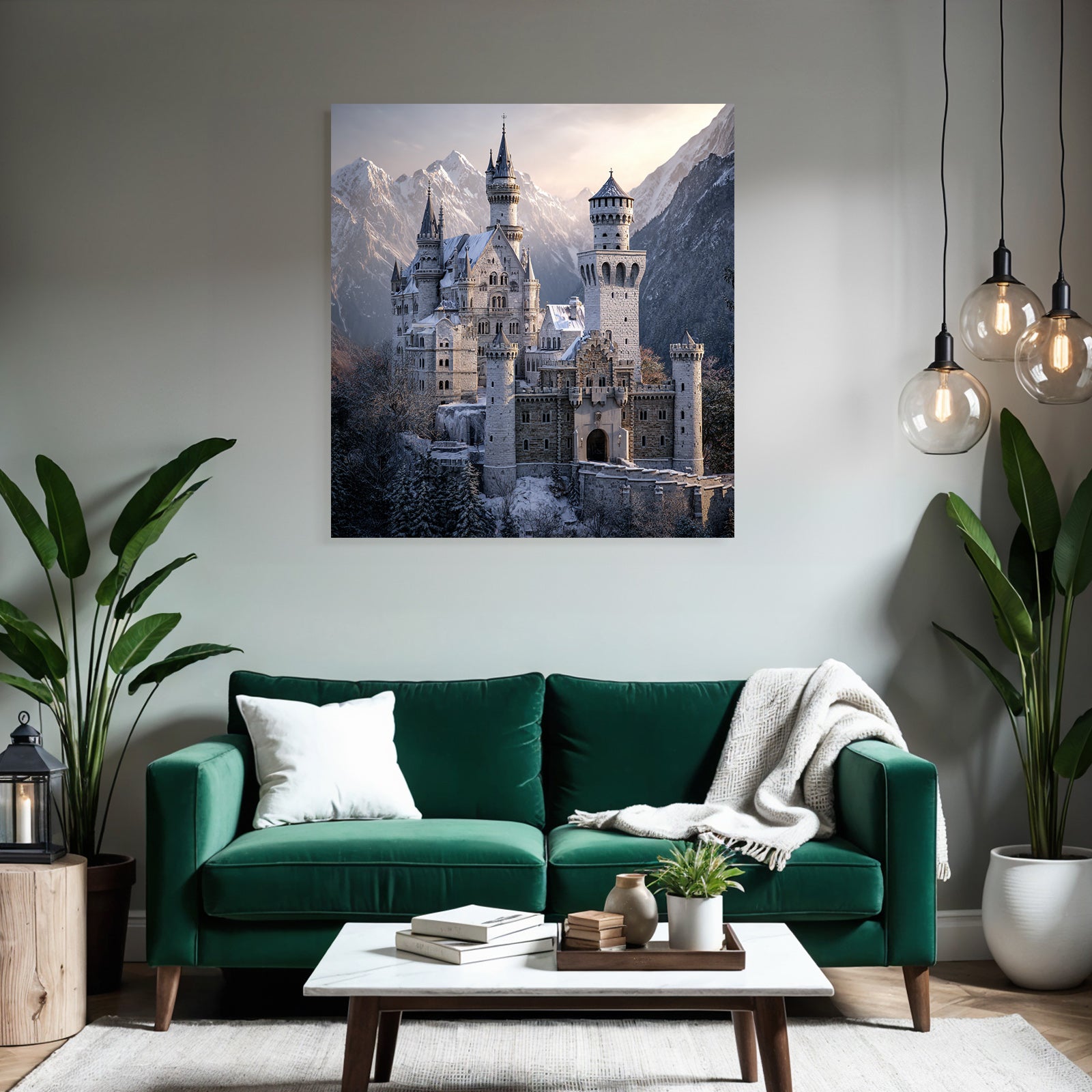 Castle in the snow surrounded by mountains and trees