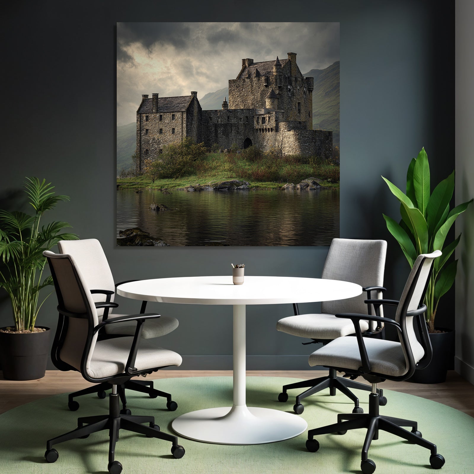 Stone castle on the water surrounded by green mountains in Moody style