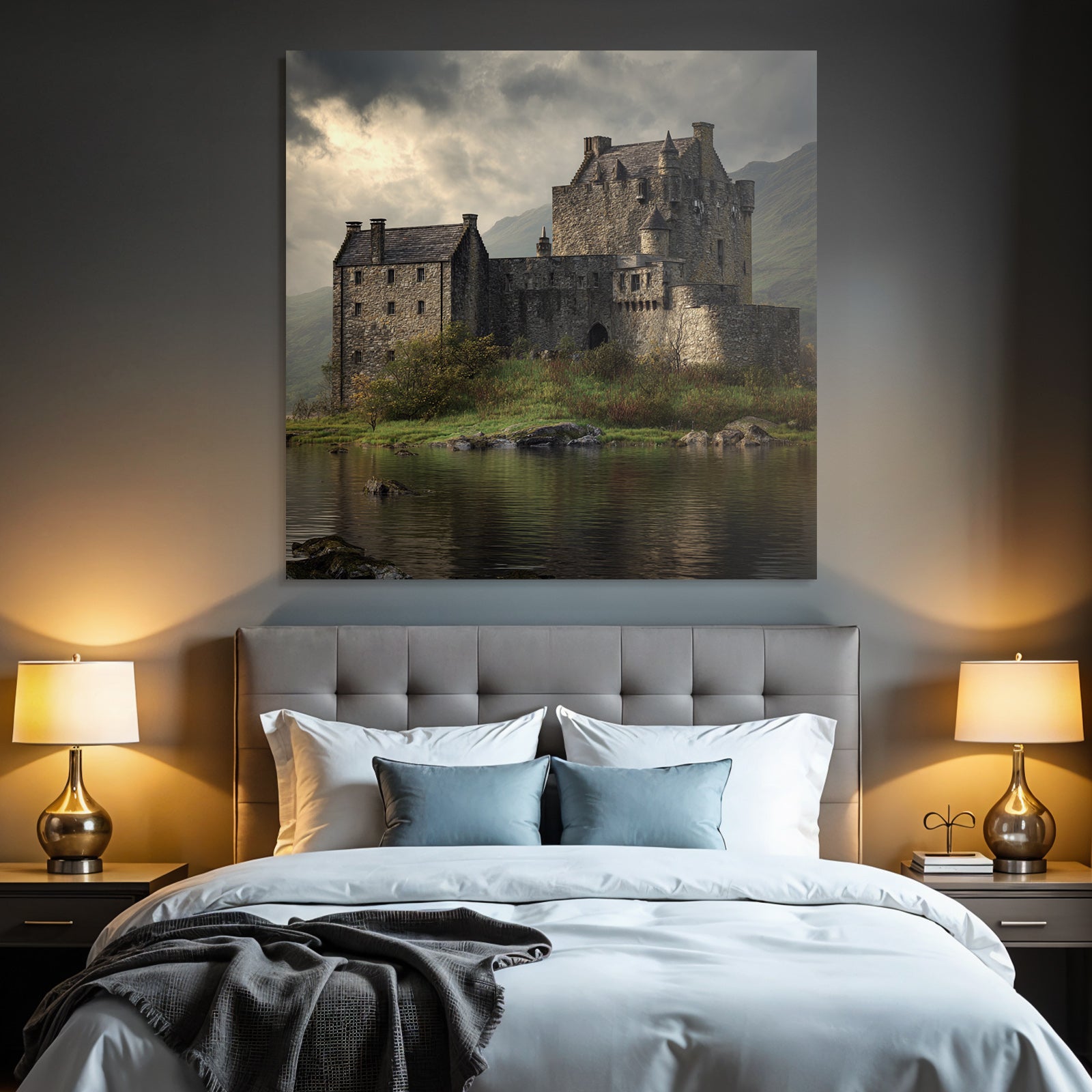Stone castle on the water surrounded by green mountains in Moody style
