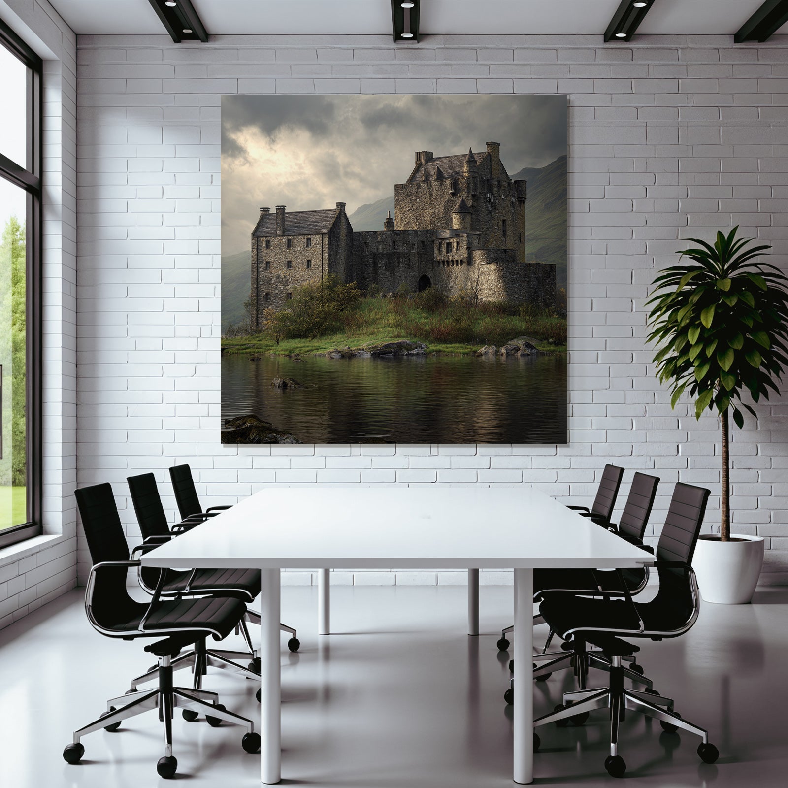 Stone castle on the water surrounded by green mountains in Moody style