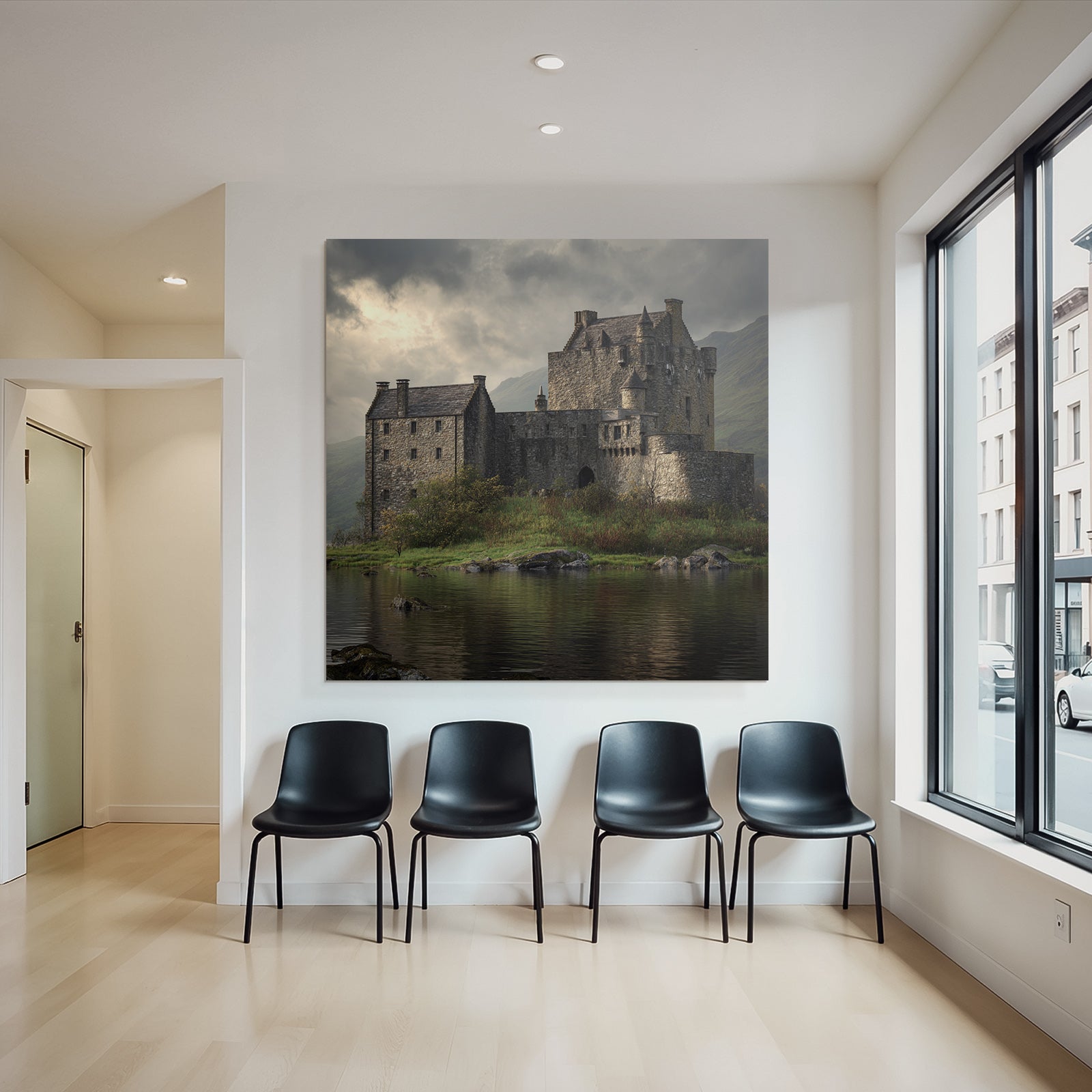 Stone castle on the water surrounded by green mountains in Moody style